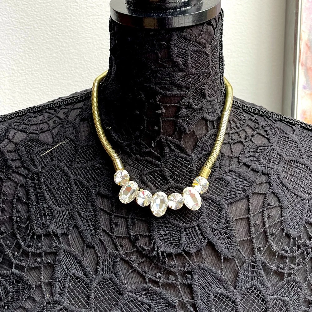 Talbots Necklace Rhinestone Chunky GoldTone Snake Chain Extension Necklace white - Picture 3 of 3